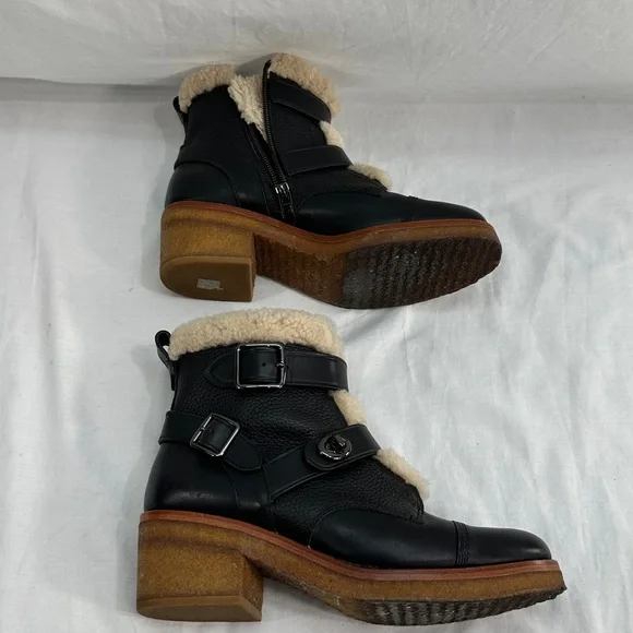 Coach Preston Leather Shearling Ankle Boots Size 9.5B Block Heel Side Zip - Picture 10 of 13